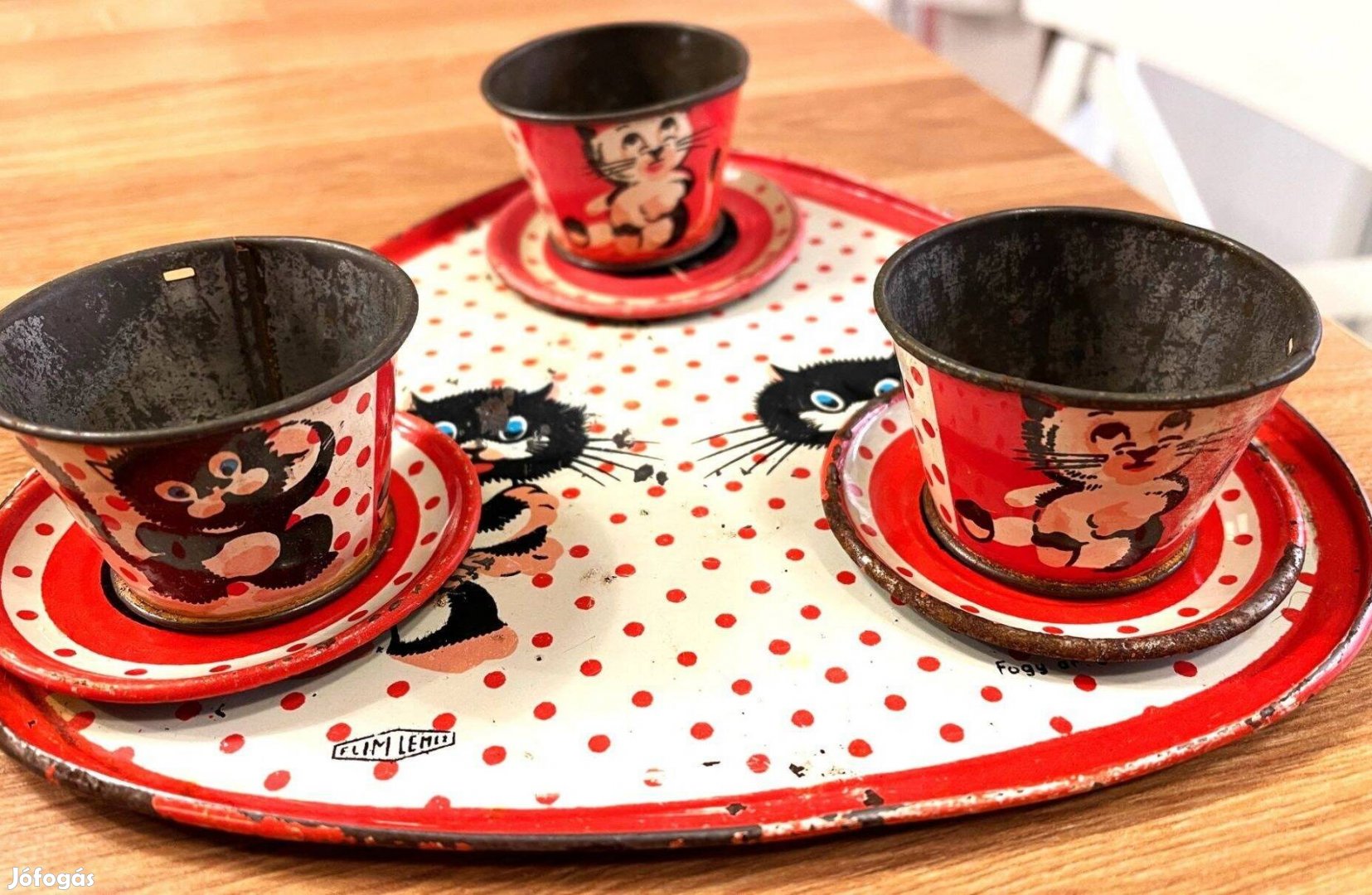 Lemezárugyár retro vintage játék, macskás/egeres tálca pohár és alátét