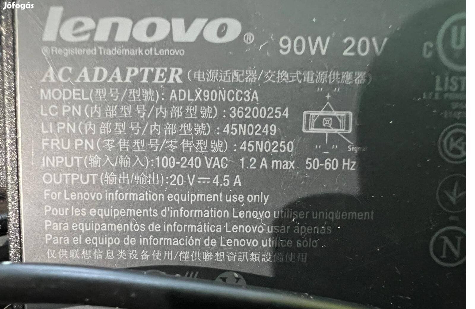 Lenovo 90W, 20V, 4.5A gyári adapter