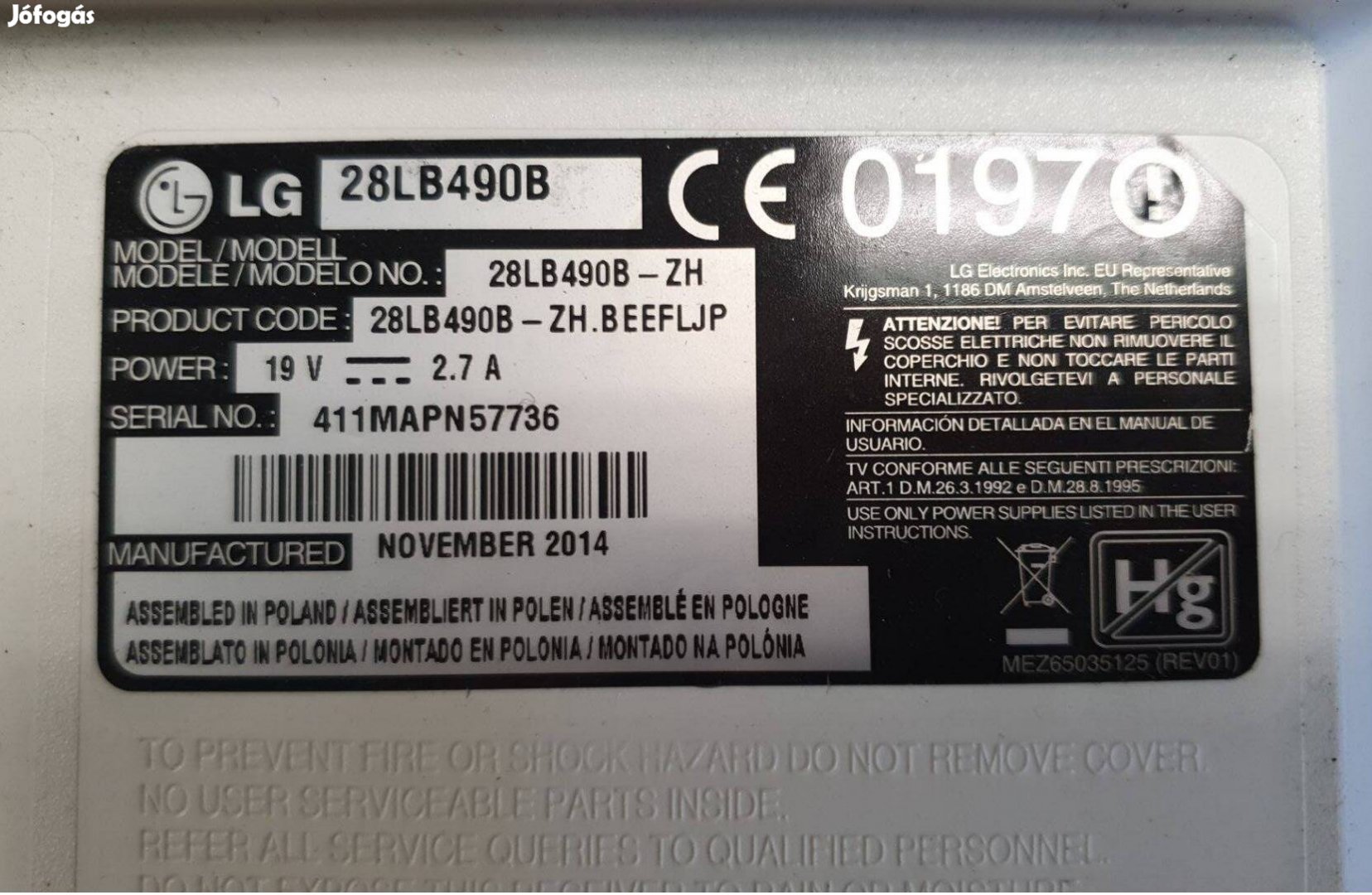 Lg 28LB490B LED LCD tv hibás törött alkatrésznek