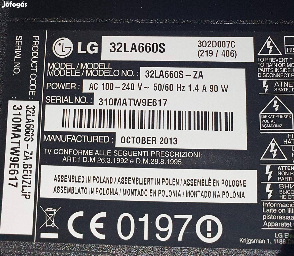 Lg 32LA660S LED LCD tv hibás törött alkatrésznek,mainboard elkelt
