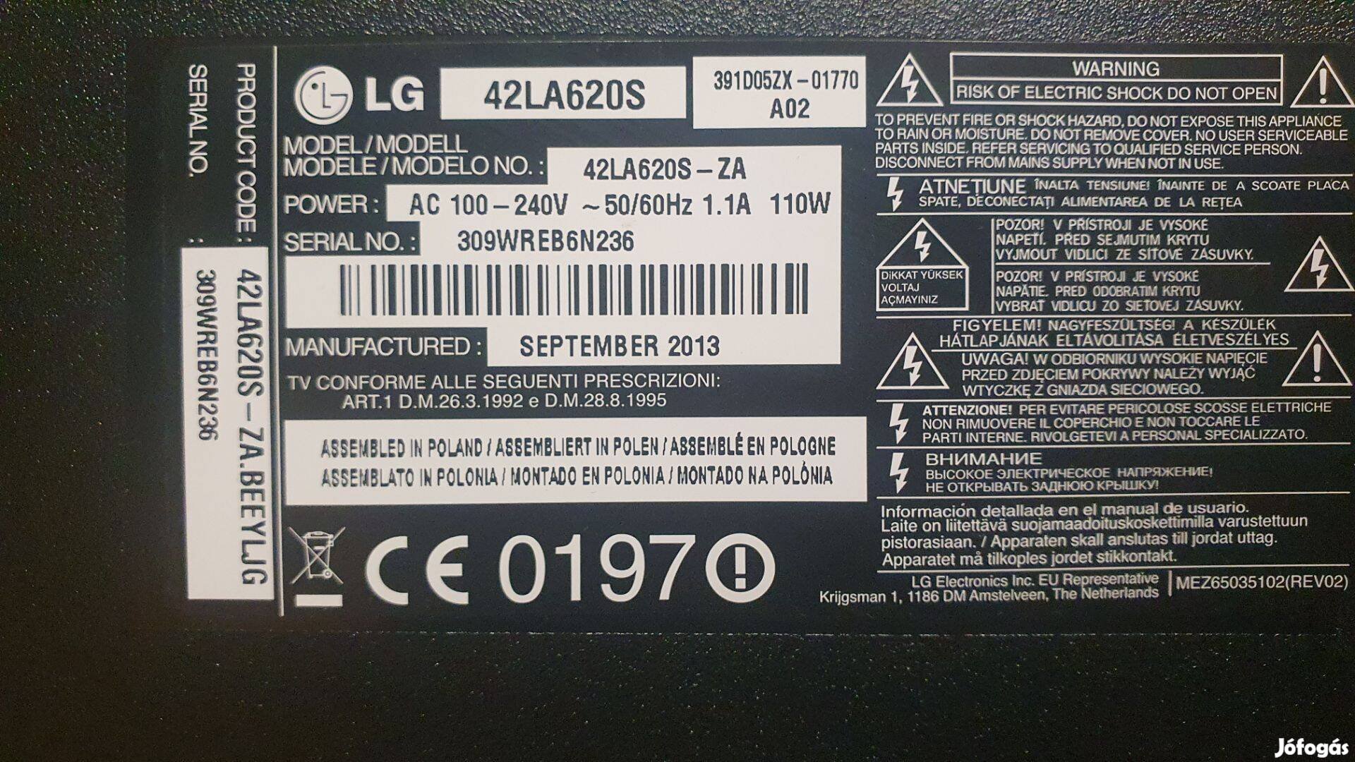 Lg 42LA620S LED tv hibás alkatrésznek 42LA620 mainboard elkelt