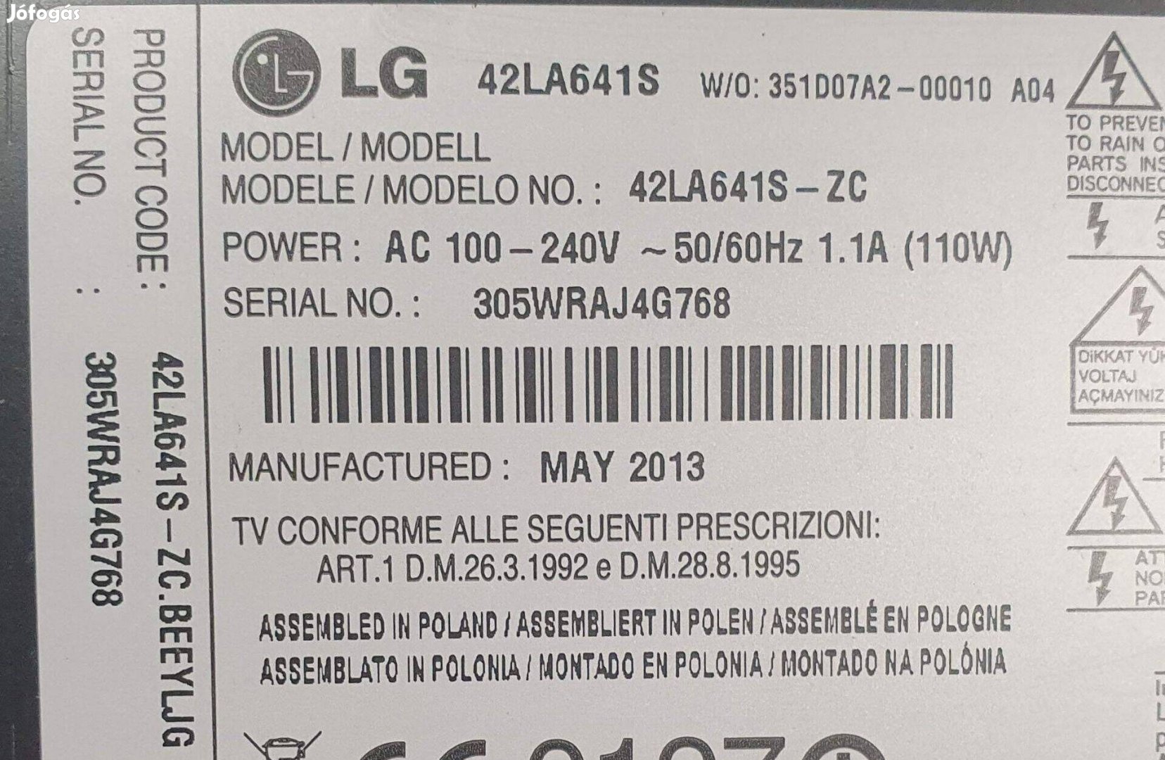 Lg 42LA641S LED LCD tv hibás törött alkatrésznek main elkelt