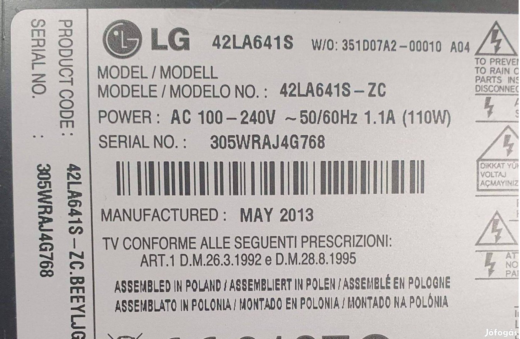 Lg 42LA641S LED LCD tv hibás törött alkatrésznek main elkelt