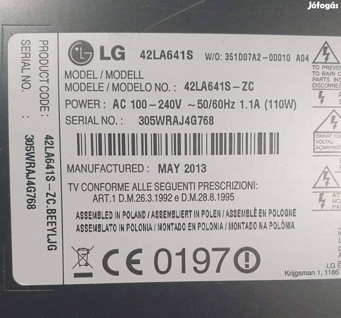 Lg 42LA641S LED LCD tv hibás törött alkatrésznek main elkelt