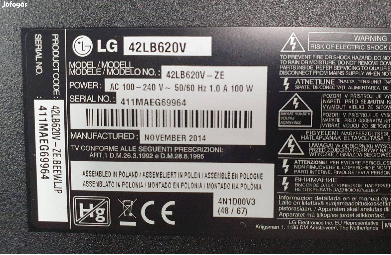 Lg 42LB620V LED LCD tv hibás törött alkatrésznek háttér hibás