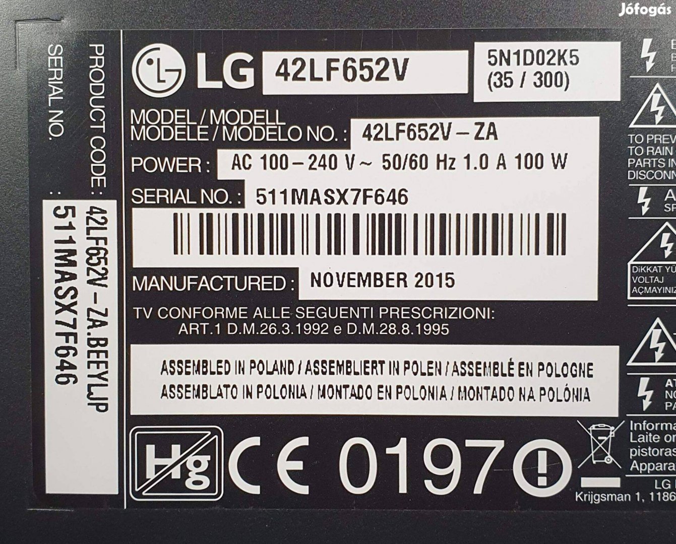 Lg 42LF652V LED LCD tv hibás törött alkatrésznek logozik
