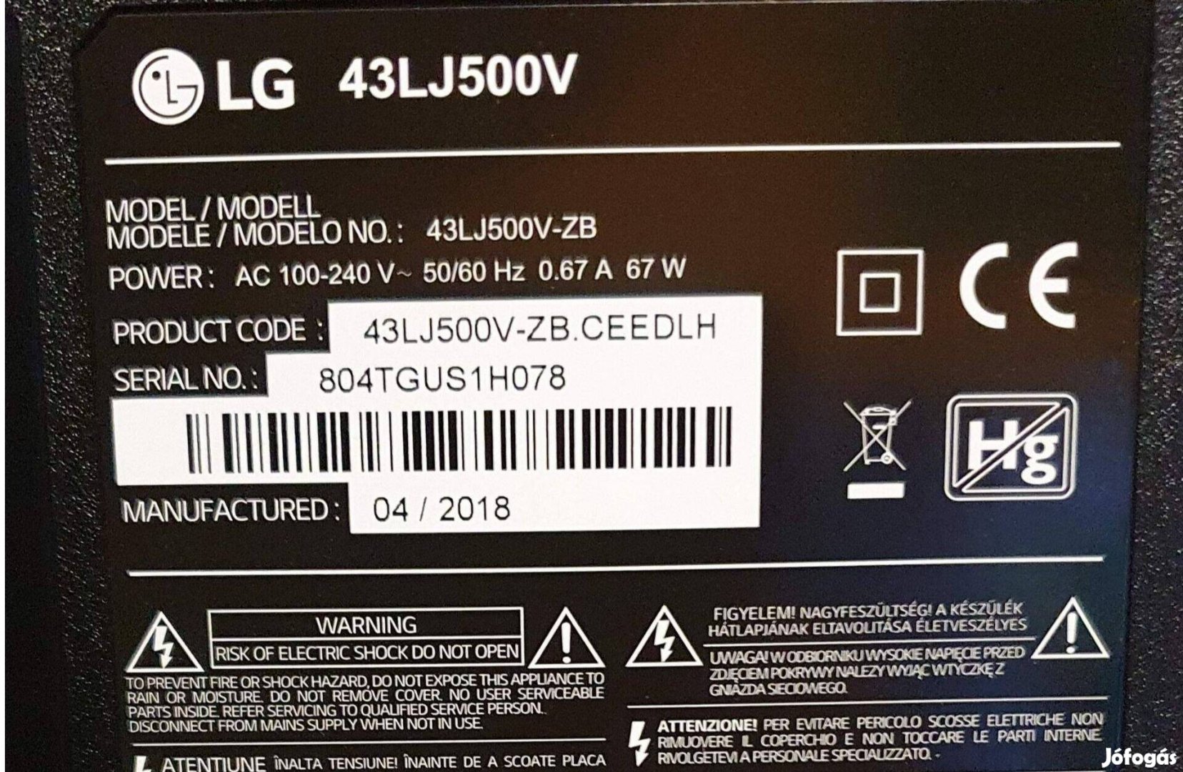 Lg 43LJ500V LED tv hibás törött alkatrésznek main,hangszóró elkelt