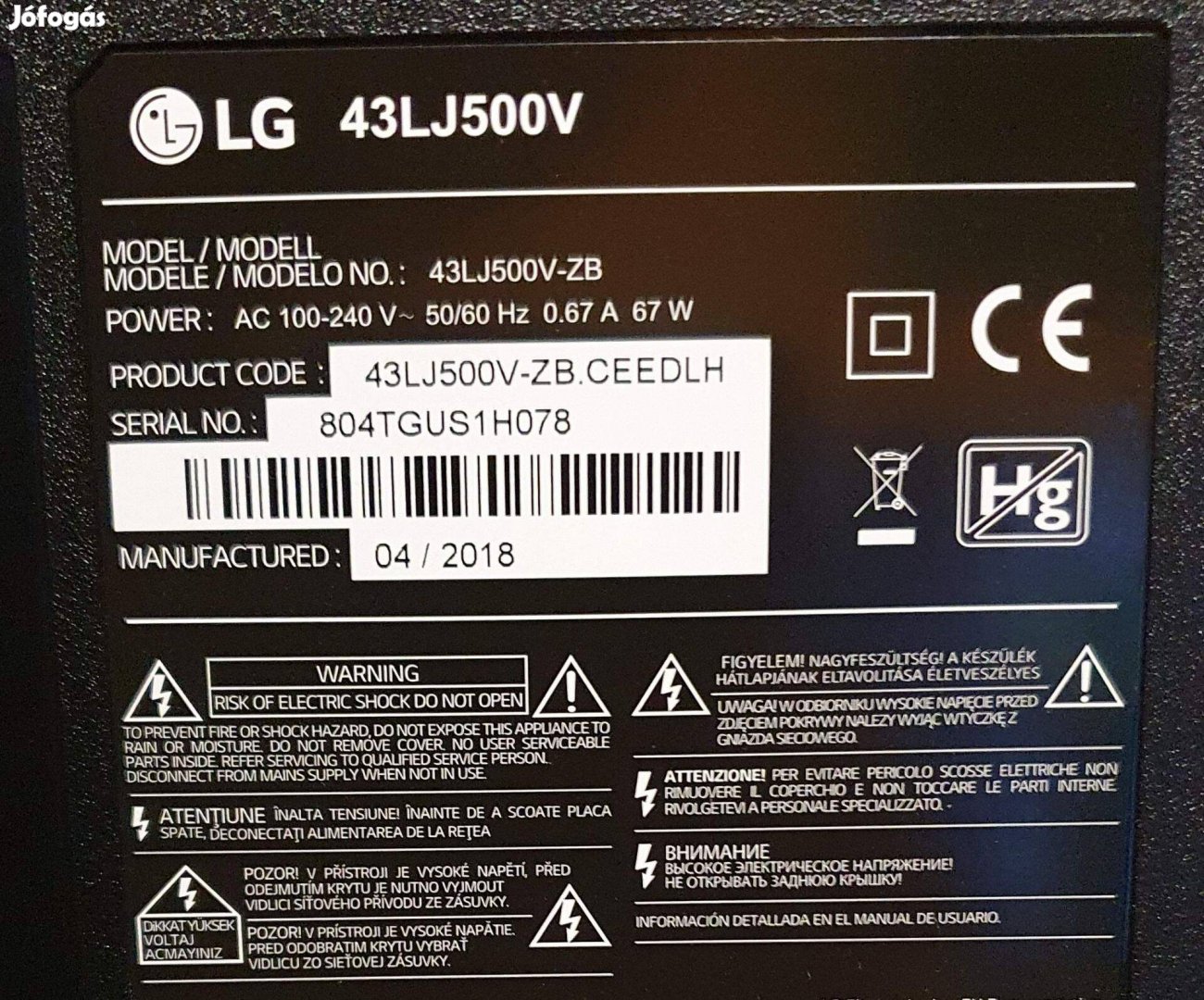 Lg 43LJ500V LED tv hibás törött main,hangszóró elkelt