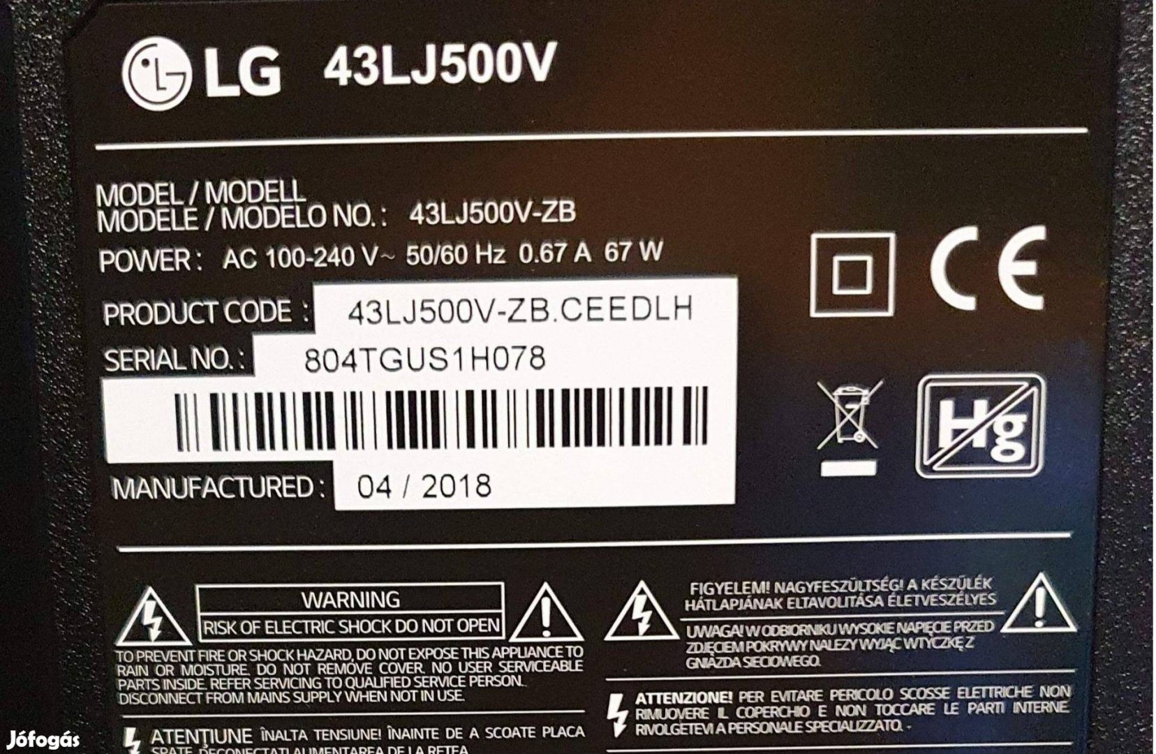 Lg 43LJ500V LED tv hibás törött main,hangszóró elkelt