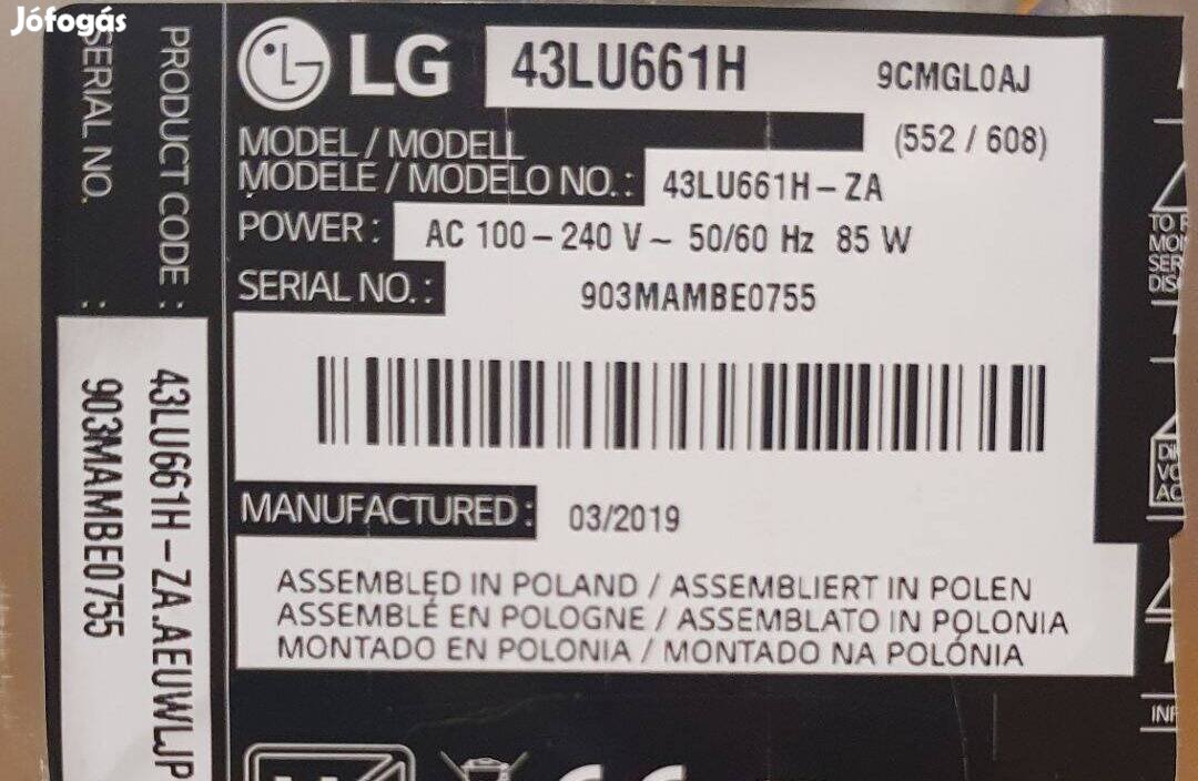 Lg 43LU661H LED LCD tv panelek alkatrésznek 6870C-0532A LJ8