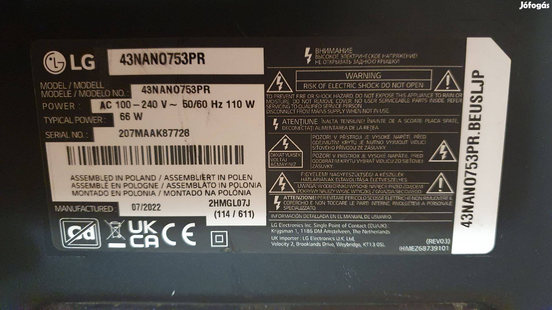 Lg 43Nano753PR LED LCD tv hibás törött alkatrésznek 43Nano753