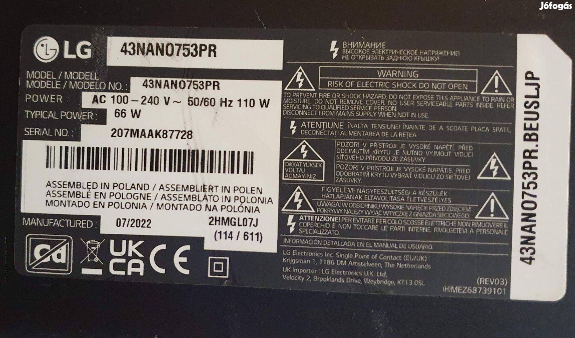 Lg 43Nano753PR LED tv törött alkatrésznek 43Nano753 LJ21