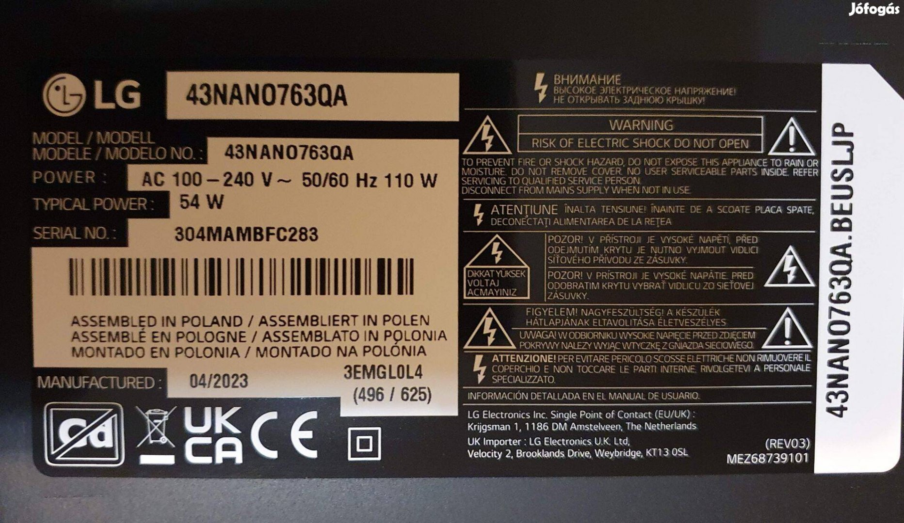 Lg 43Nano763QA LED LCD tv hibás törött alkatrésznek LJ22