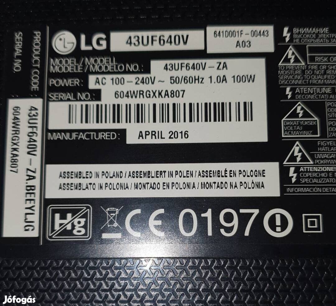 Lg 43UF640V LED LCD tv hibás törött, mainboard elkelt