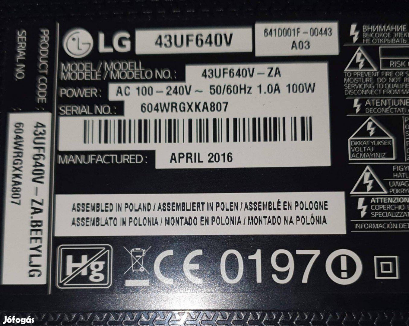 Lg 43UF640V LED LCD tv hibás törött, mainboard elkelt 6870C-0552B