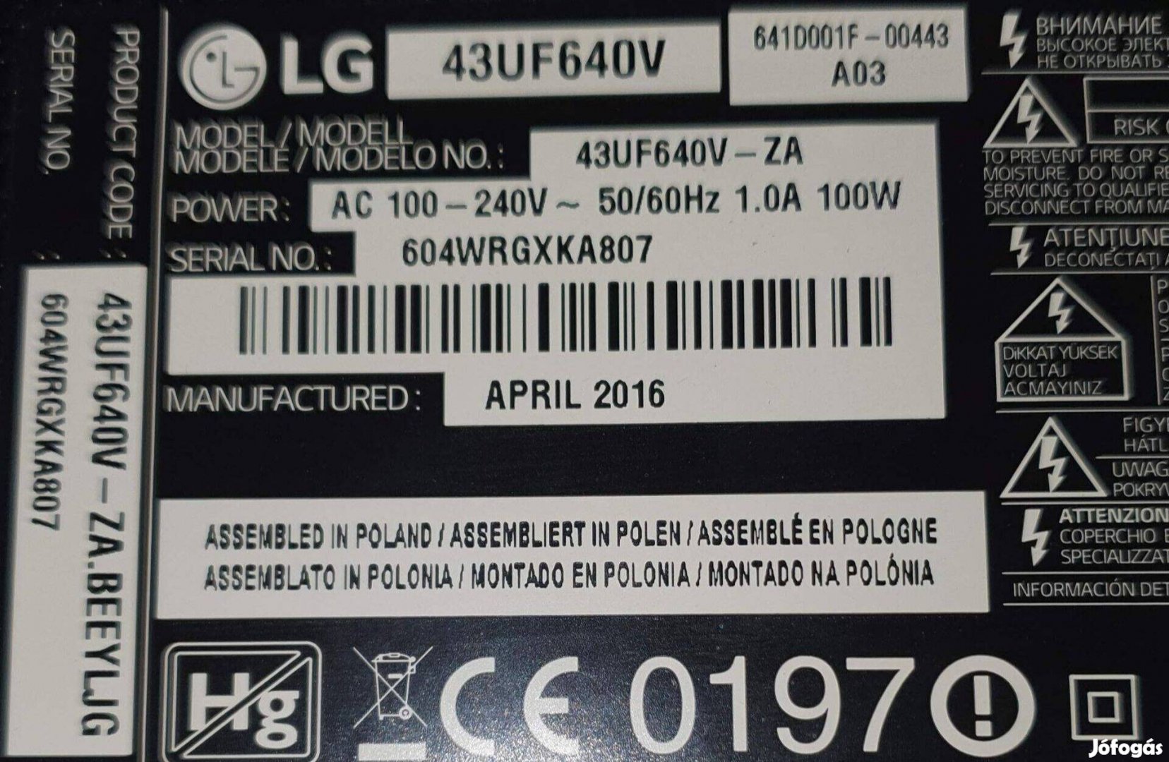Lg 43UF640V LED LCD tv hibás törött, mainboard elkelt 6870C-0552B