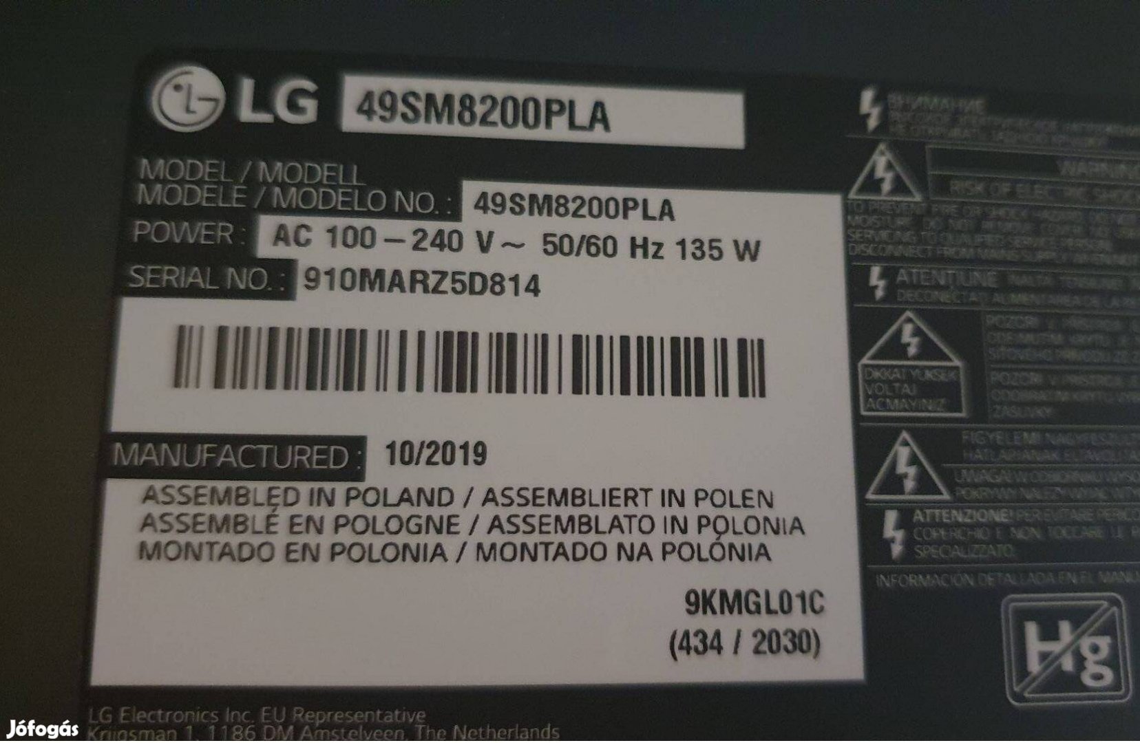 Lg 49SM8200PLA LED tv tápegység alkatrésznek 49SM8200