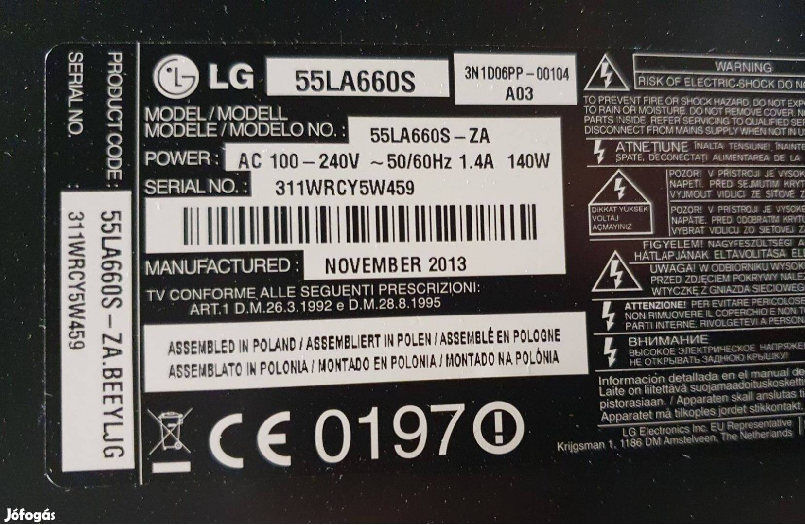Lg 55LA660S LED LCD tv hibás törött alkatrésznek mainboard elkelt!