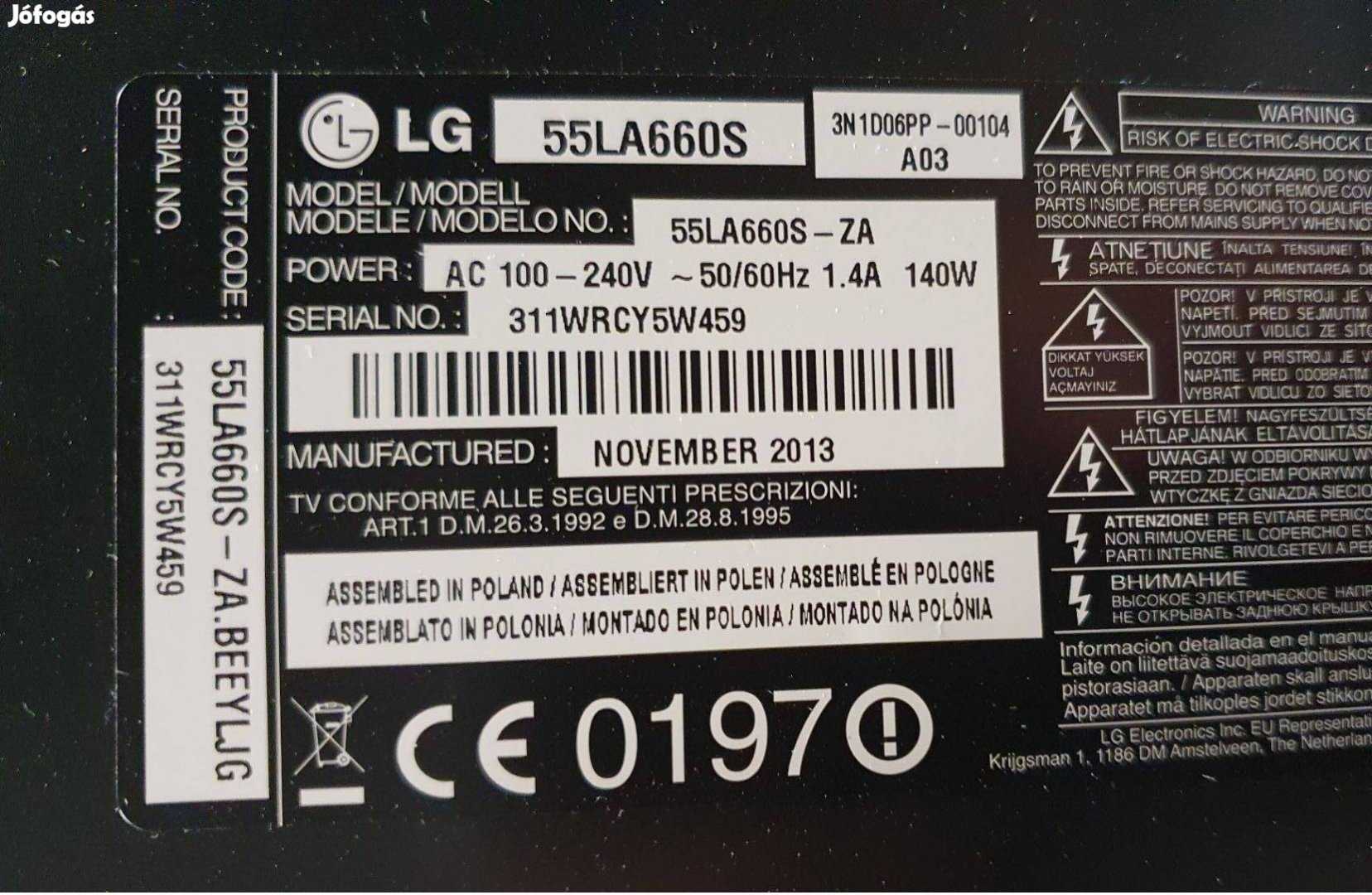 Lg 55LA660S LED LCD tv hibás törött alkatrésznek mainboard elkelt!