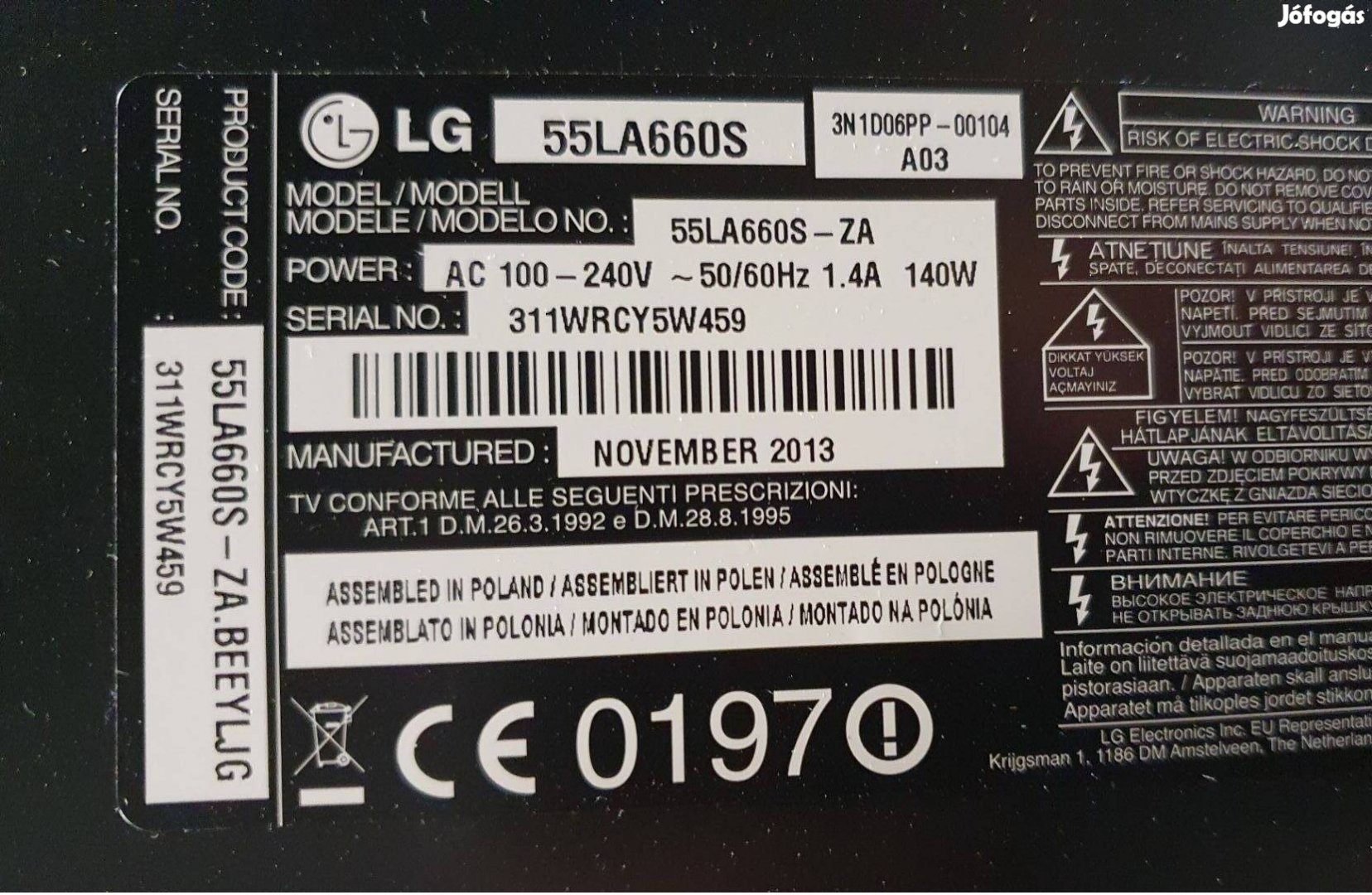 Lg 55LA660S LED LCD tv hibás törött alkatrésznek mainboard elkelt!