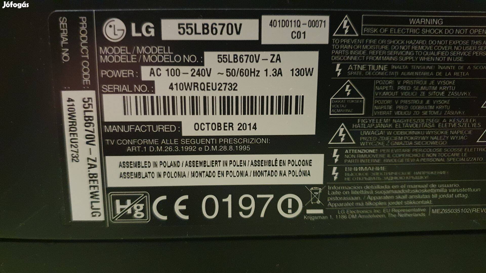 Lg 55LB670V LED LCD tv hibás,törött alkatrésznek mainboard elkelt