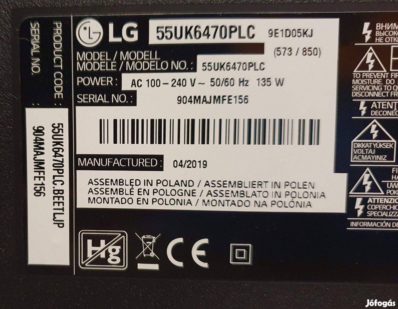 Lg 55UK6470PLC 4K UHD LED tv hibás törött LJ8 main elkelt
