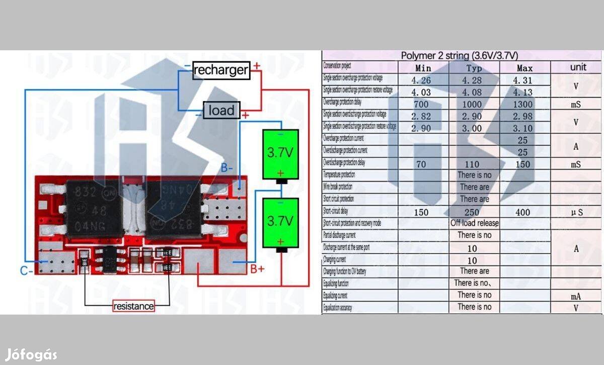 Li-ion 18650 Cella védelemme BMS - 2 Cella 10A