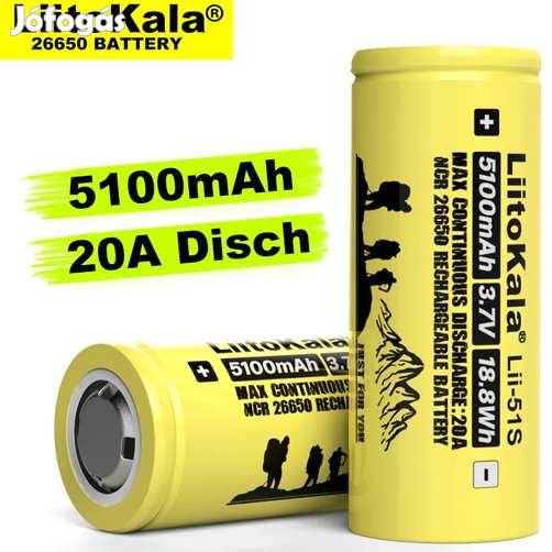 Liitokala Li-ion 3.7V 26650 5100mAh 20A Hegesztett Füllel (5604)