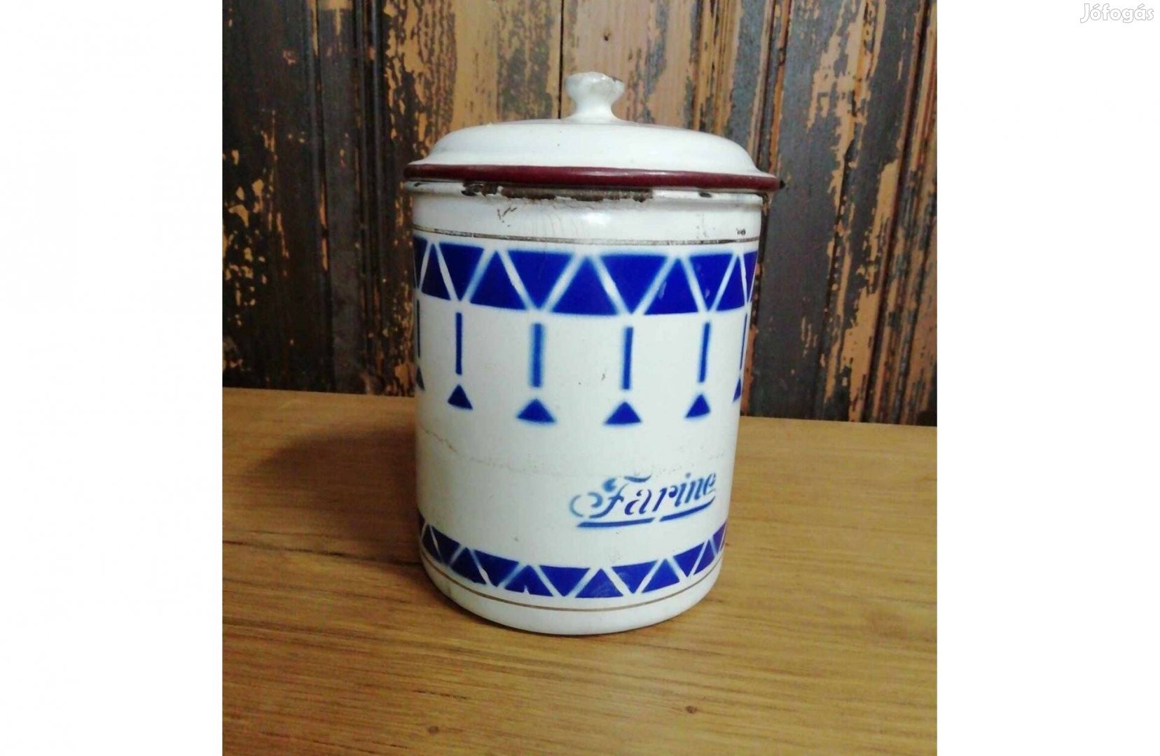 Liszt tároló, 20. sz elejei Francia zománcozott tároló edény