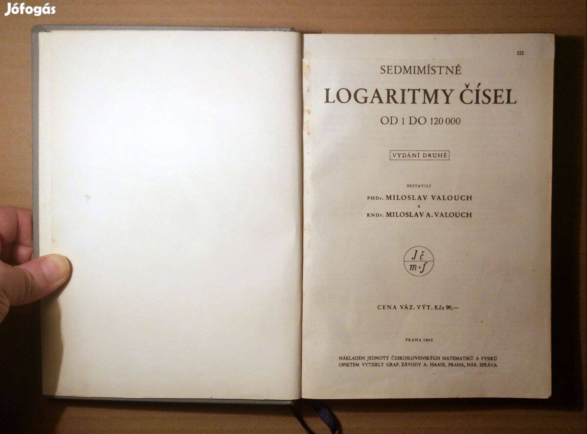 Logaritmy Cisel od 1 do 120000 (1946) cseh nyelvű (9kép+tartalom)