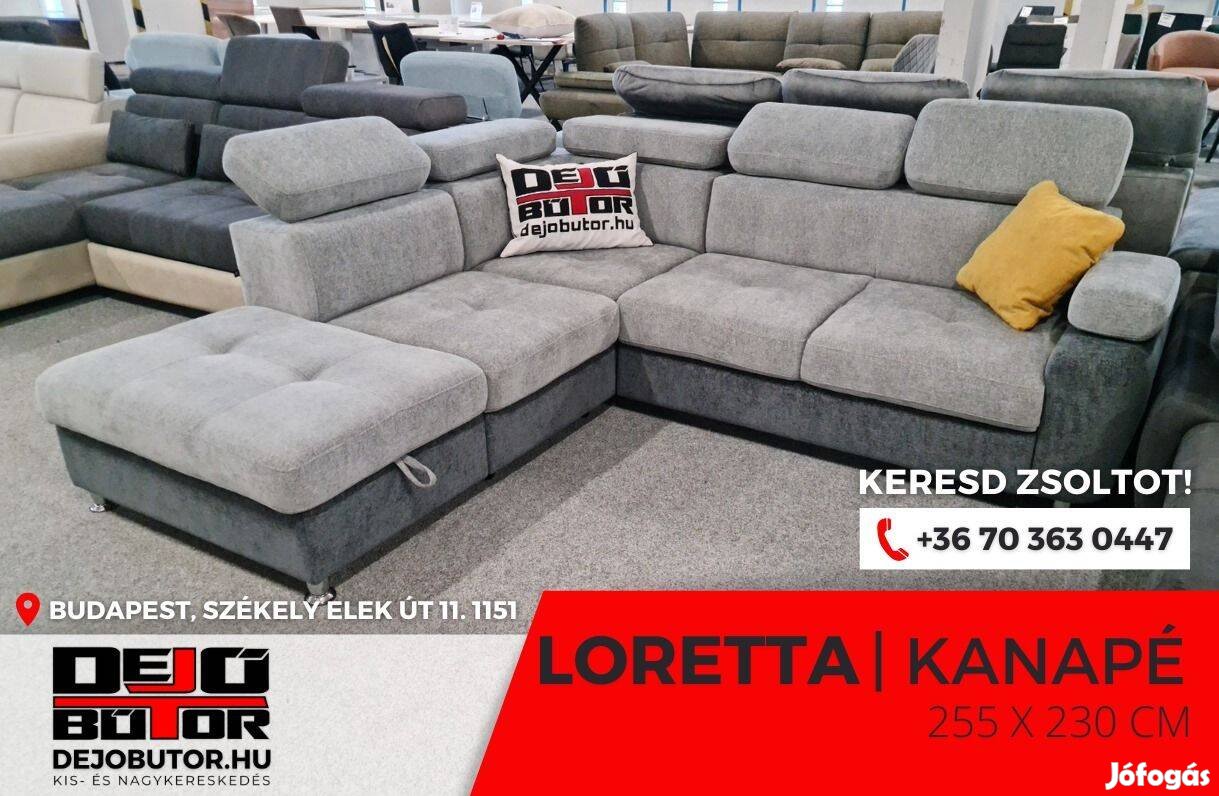 Loretta XL hátfalas rugós szürke kanapé ülőgarnitúra 255x230 cm sarok