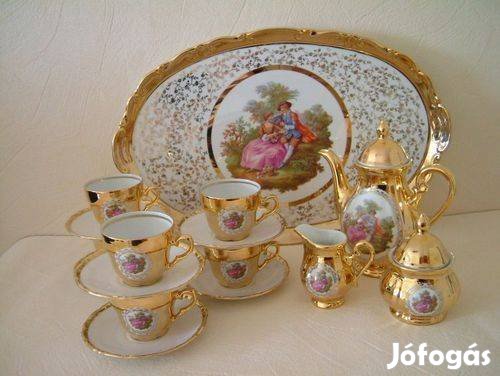 Luxus arany jelenetes porcelán teljes kávés készlet, 17 db-os
