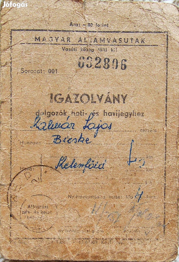 MÁV igazolvány dolgozók heti és havijegyéhez 1964