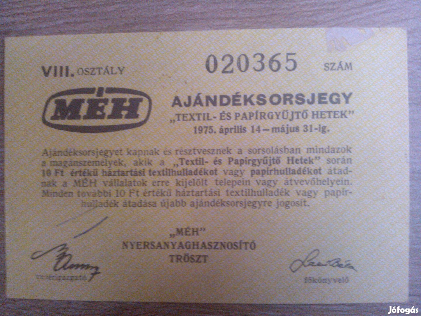 MÉH ajándék sorsjegy Textil- és Papírgyűjtő hetek sárga színben 1975!