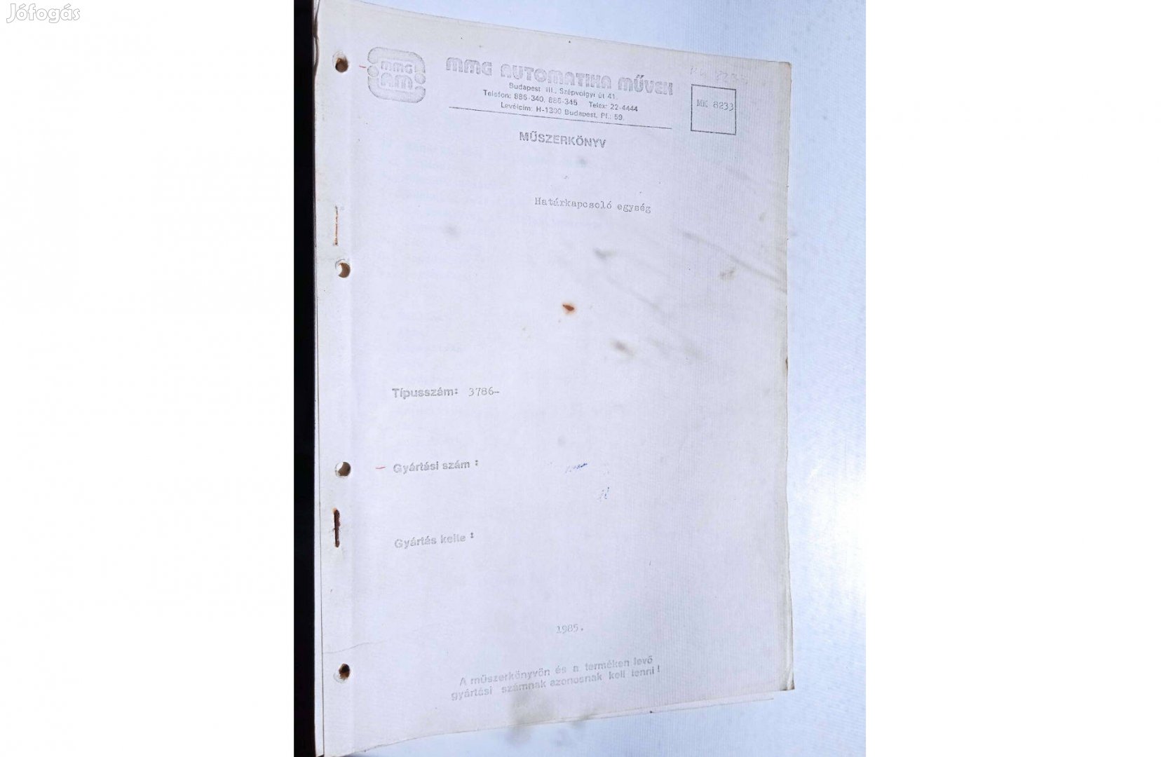MMG -AM határkapcsoló egység műszerkönyv , 1985