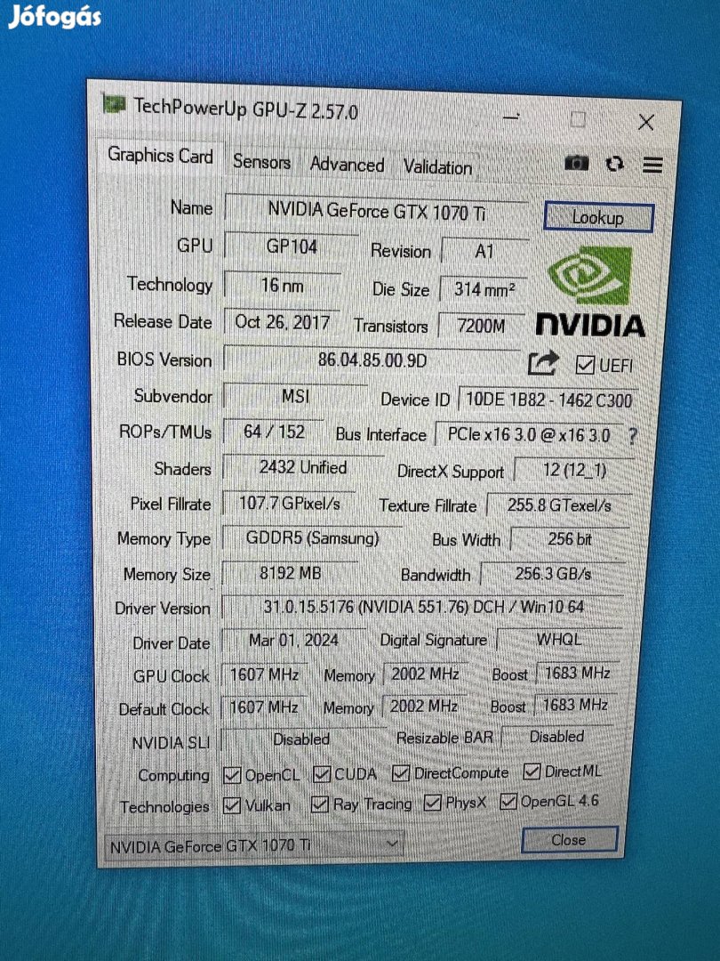 MSI Geforce Gtx 1070 Ti Titanium 8G videokártya