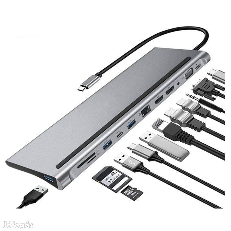 MST 12az1-ben USB-C hub, HDMI, VGA, LAN, USB, AV, kártyaolvasó