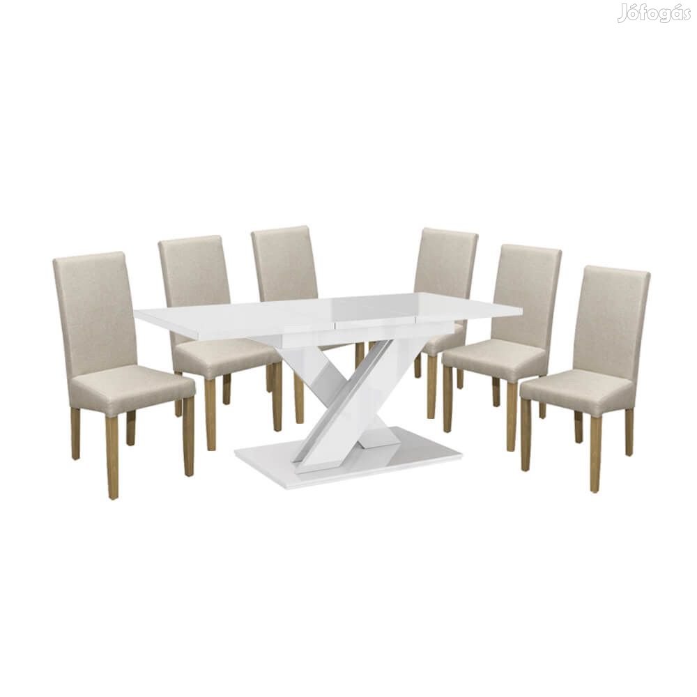 Maasix WTG Magasfényű Fehér 6 személyes étkezőszett Bézs Vanda székek