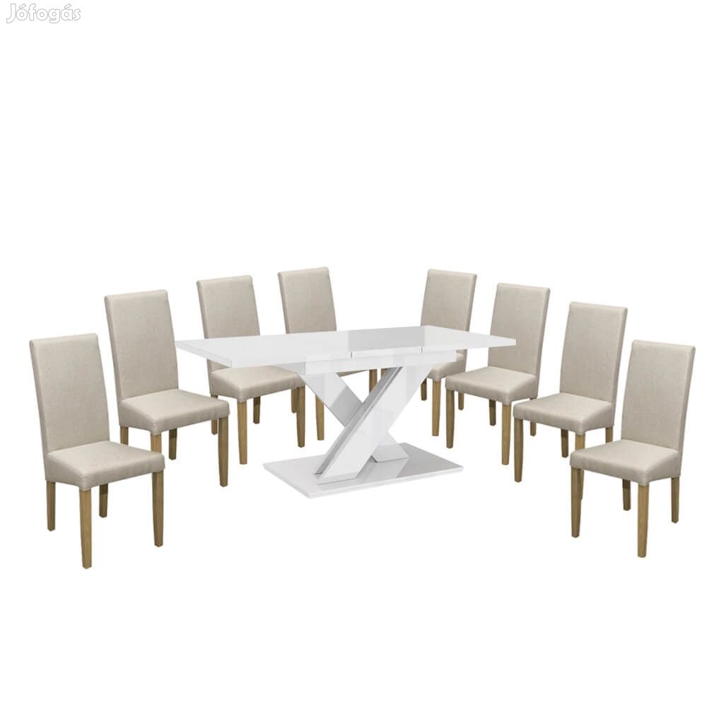 Maasix WTG Magasfényű Fehér 8 személyes étkezőszett Bézs Vanda székek