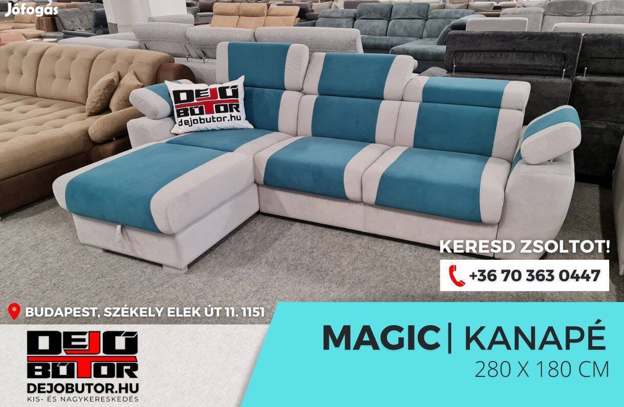 Magic L kék rugós sarok kanapé ülőgarnitúra 280x180 cm ágyazható