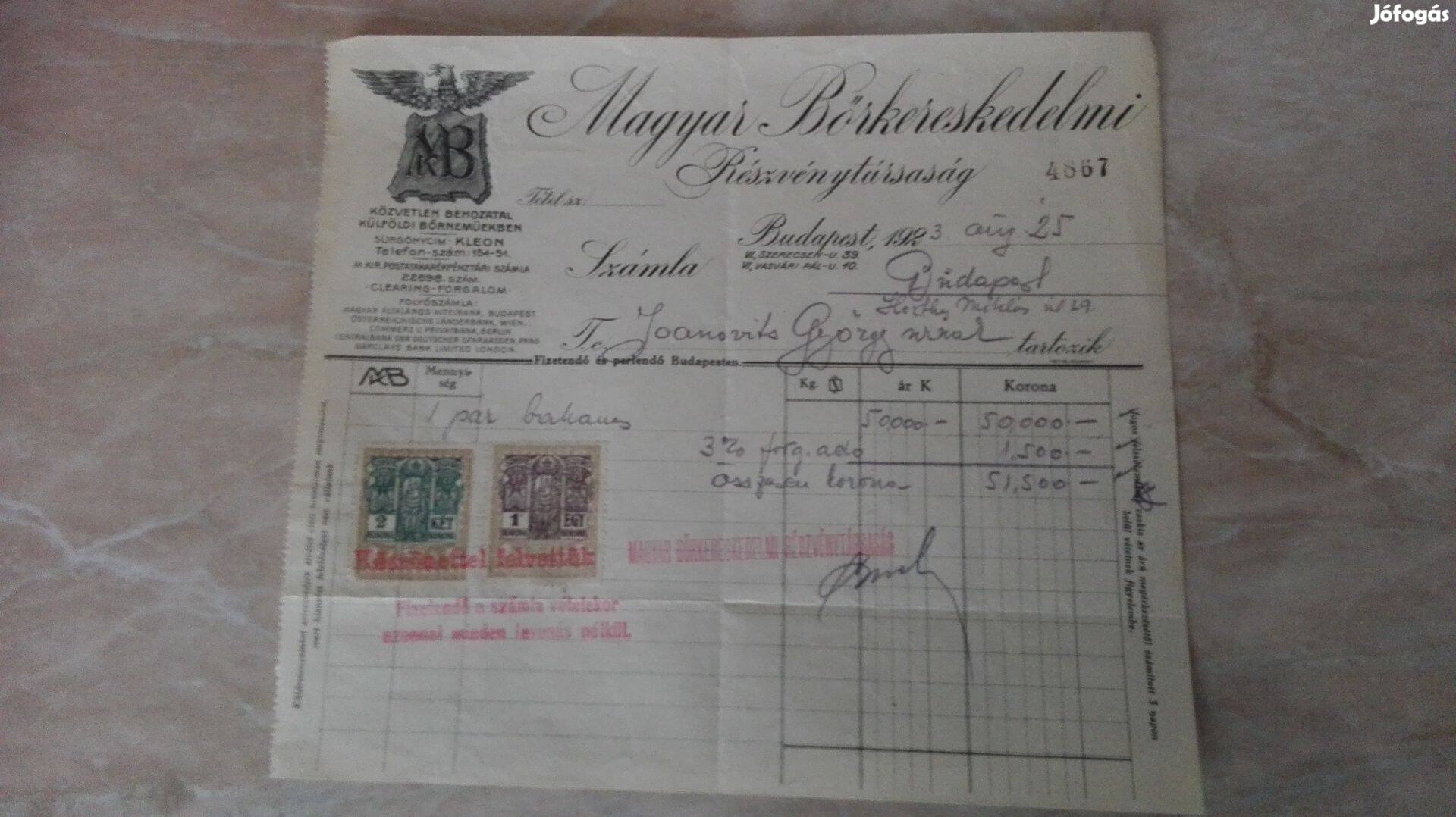 Magyar Bőrkereskedelmi Részvénytársaság 1923-as számlája