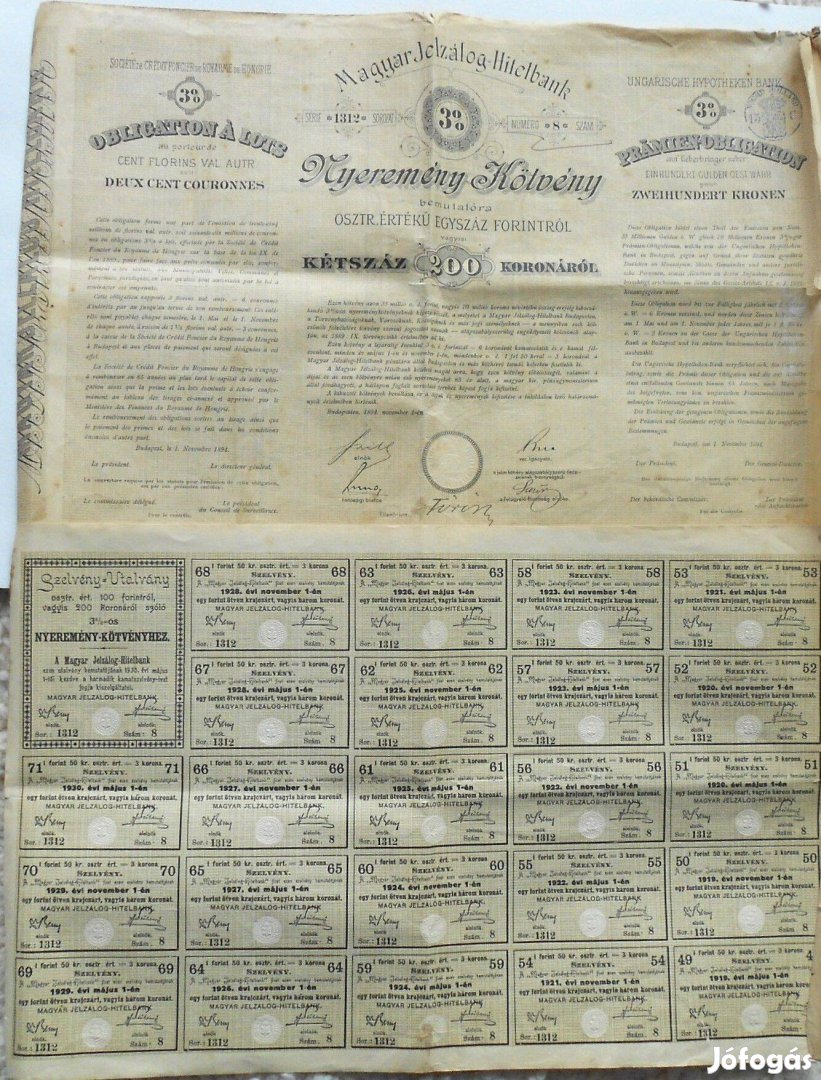 Magyar Jelzálog és Hitelbank nyereménykötvény 1894 szelvény