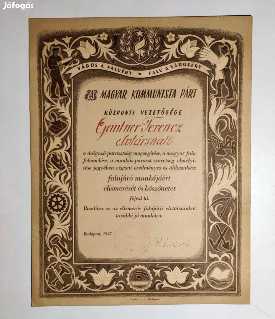 Magyar Kommunista Párt Okirat (1947) Rákosi aláírással