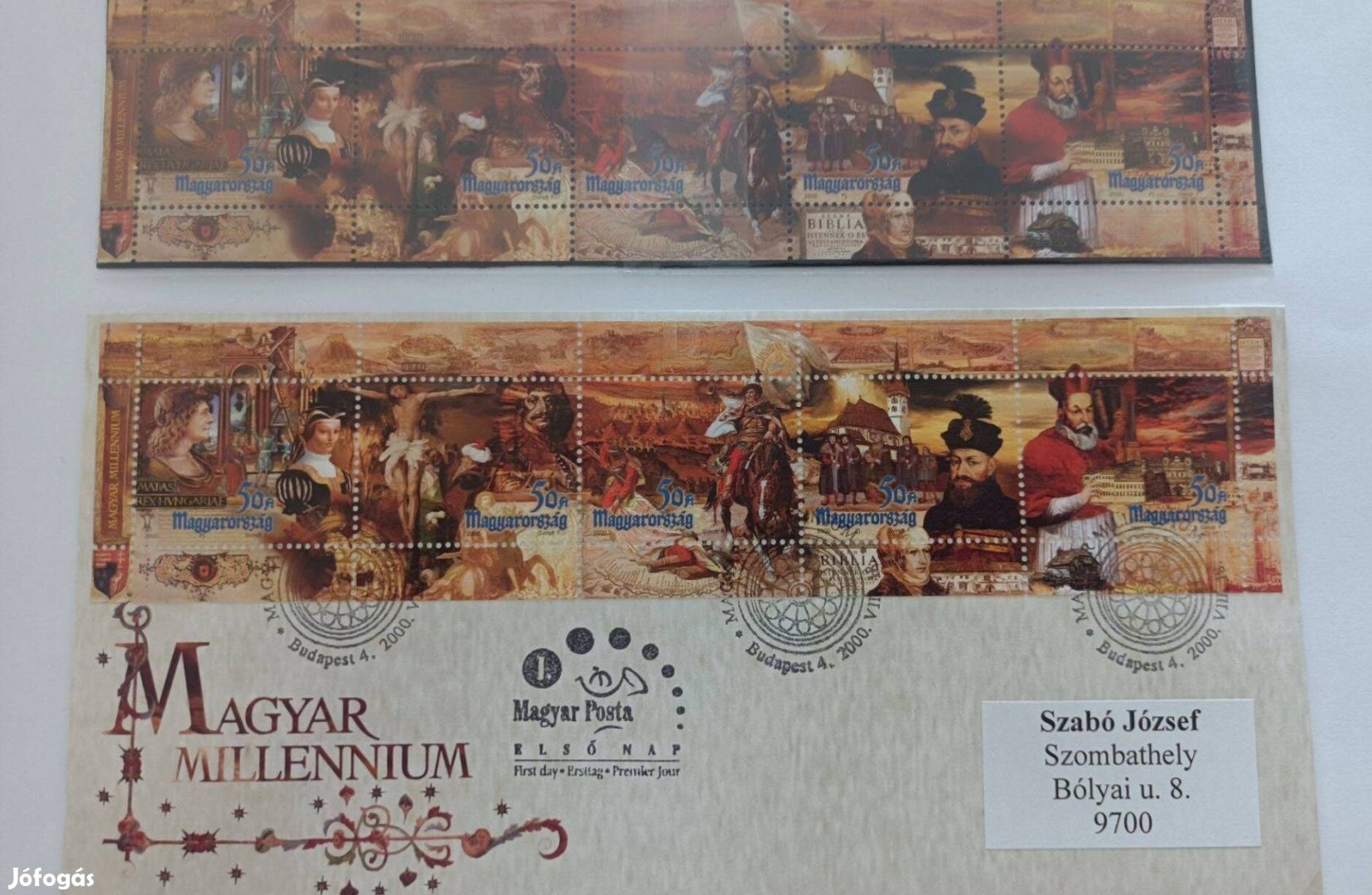 Magyar Millennium Postatiszta bélyeg +boriték 2 db kiváló állapotban