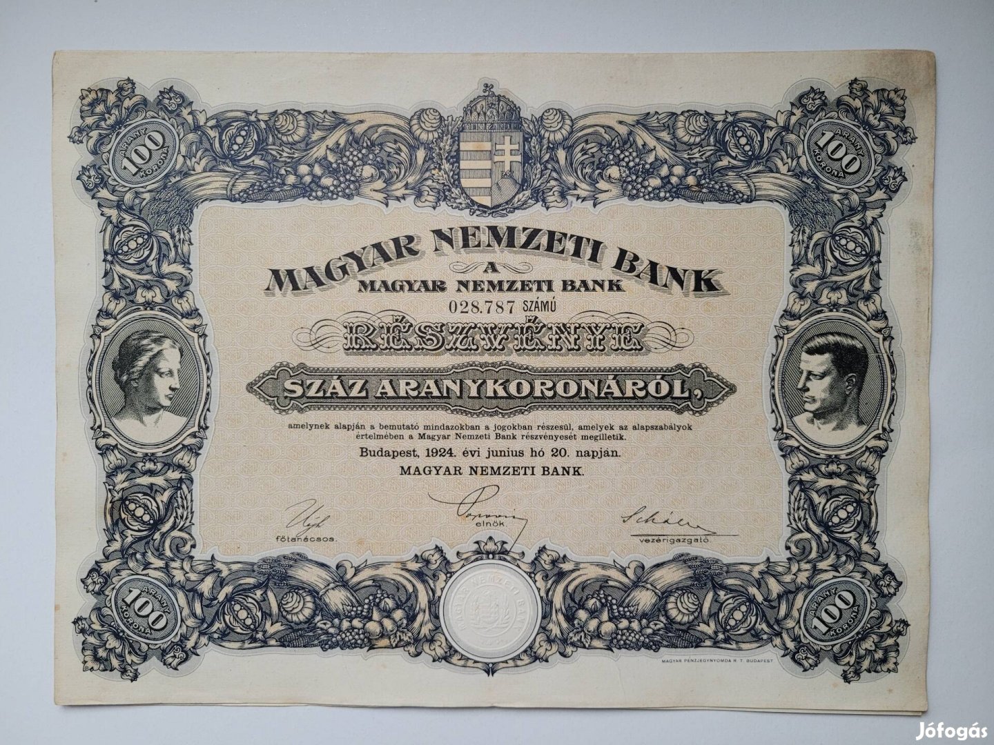 Magyar Nemzeti Bank eredeti 1924 részvénye 100 aranykoronáról 