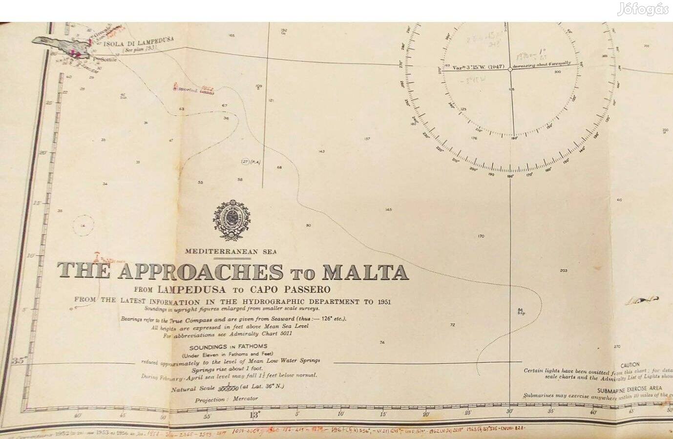 Málta-Lampedusa Tengerészeti Térkép 1951