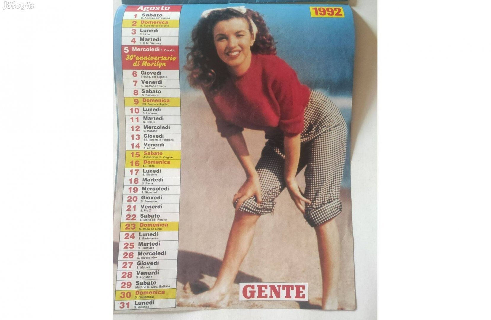 Marilyn Monroe fali naptár, olasz, 1992-1993