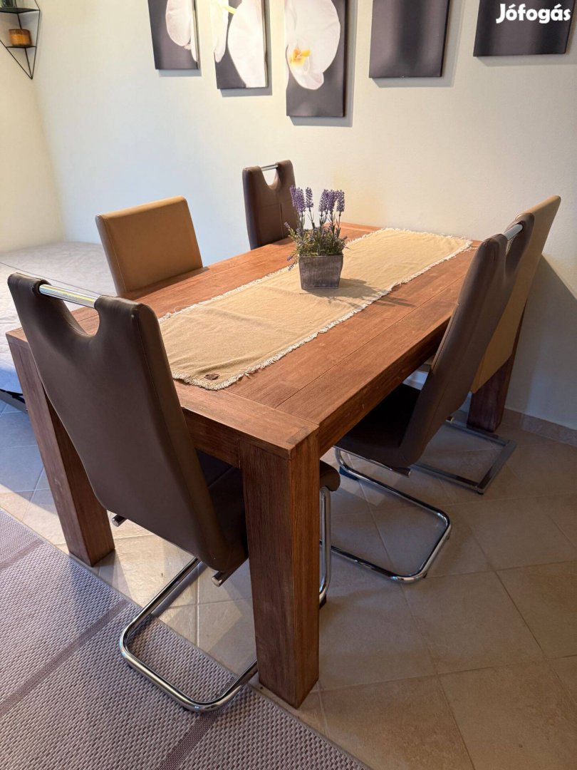 Masszív, tömör rózsafa étkezőasztal 5 székkel 160 cm