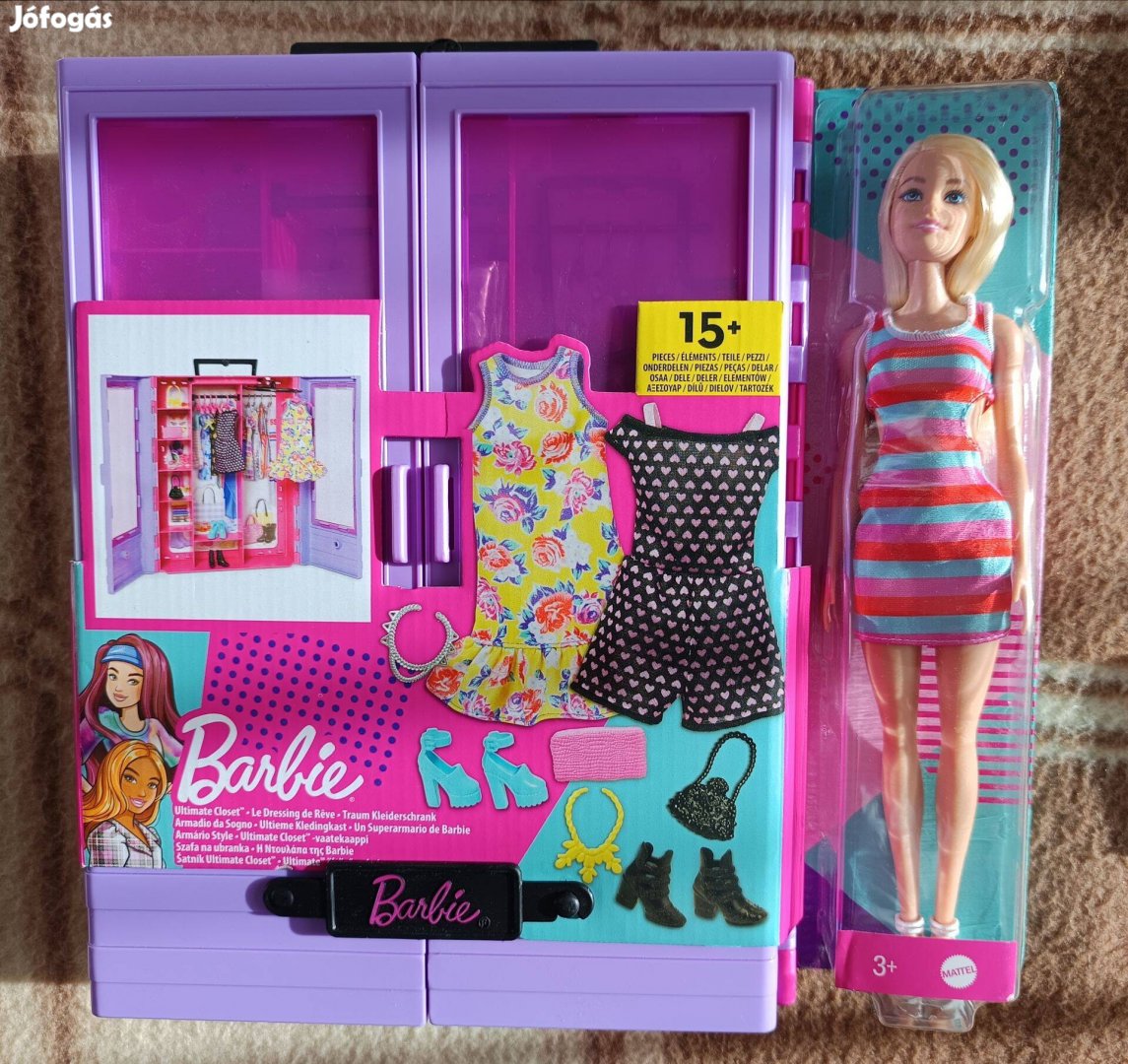 Mattel Barbie szekrény szett babával és kiegészítőkkel, új