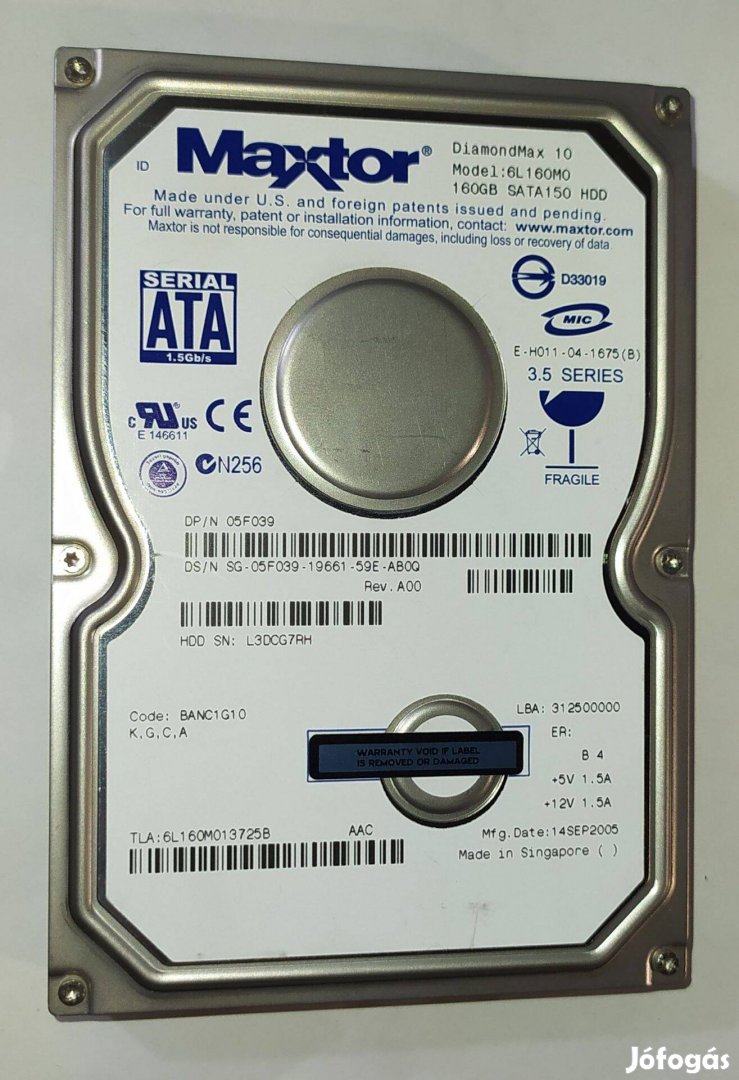 Maxtor 160GB HDD merevlemez SATA 3.5" 100/100 #G7RH